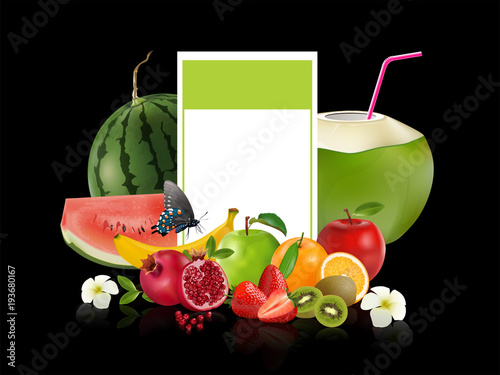 Creative healthy mix fruit. Apple, Orange, Pomegranate and kiwi with sliced fresh fruit, for a low calorie snack, isolated on black background, vector and illustration.