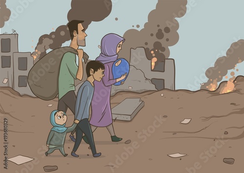 Family of refugees with two children on destroyed buildings background. Immigration religion and social theme. War crisis and immigration. Horizontal vector illustration characters.