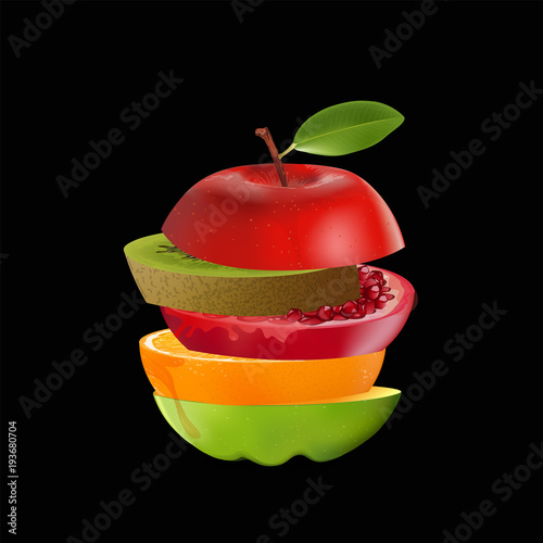 Creative healthy mix fruit. Apple, Orange, Pomegranate and kiwi with sliced fresh fruit, for a low calorie snack, isolated on black background, vector and illustration.