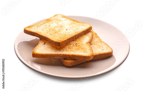Plate with tasty toasted bread on white background