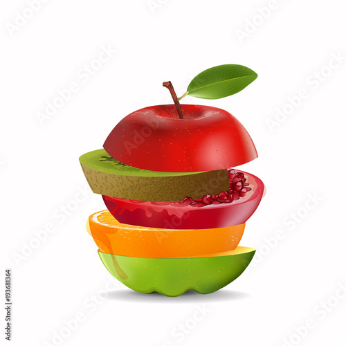 Creative healthy mix fruit. Apple, Orange, Pomegranate and kiwi with sliced fresh fruit, for a low calorie snack, isolated on white background, vector and illustration.