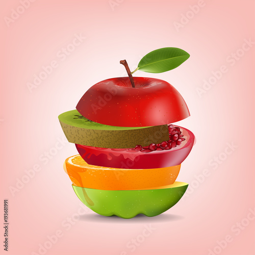 Creative healthy mix fruit. Apple, Orange, Pomegranate and kiwi with sliced fresh fruit, for a low calorie snack, isolated on pink background, vector and illustration.