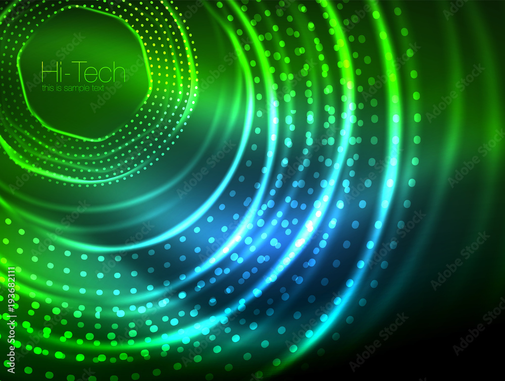 Magic neon circle shape abstract background, shiny light effect template for web banner, business or technology presentation background or elements, vector illustration Magic neon circle shape abstract background, shiny light effect template for web banner, business or technology presentation background or elements, vector illustration