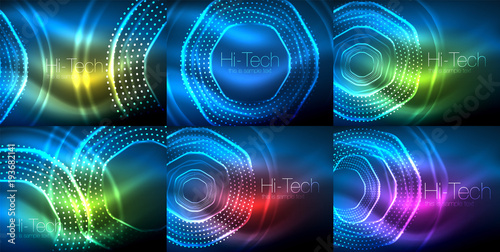 Set of magic neon shape abstract background, shiny light effect template for web banner, business or technology presentation background or elements