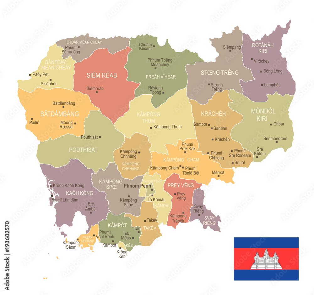 Fototapeta premium Cambodia - vintage map and flag - Detailed Vector Illustration