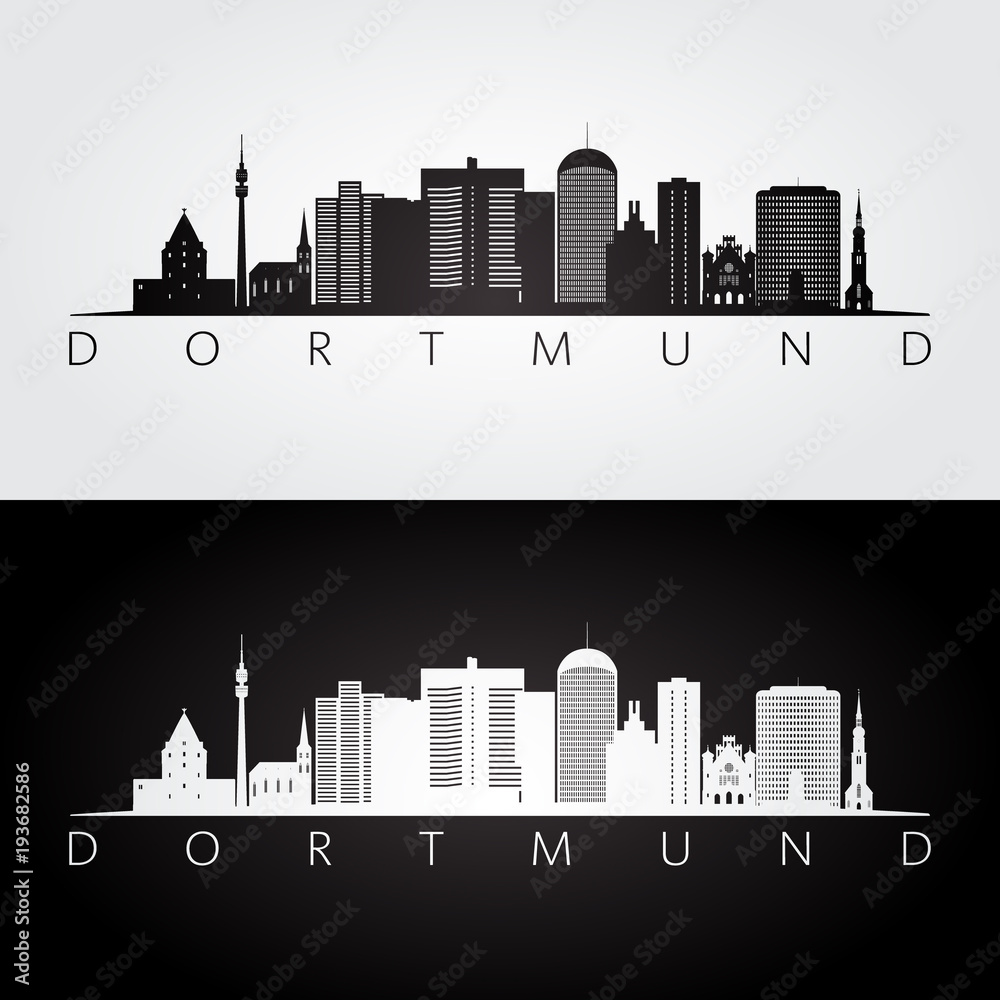Dortmund skyline and landmarks silhouette, black and white design, vector illustration.
