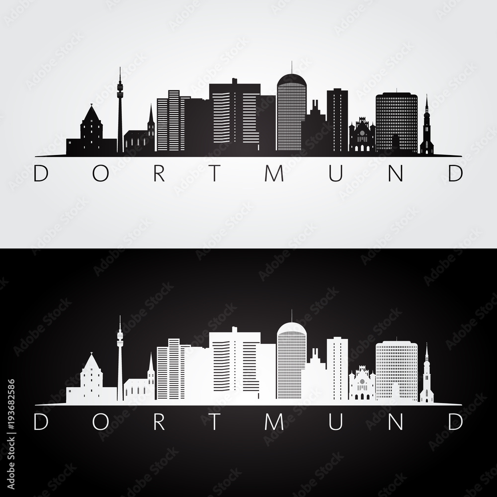 Fototapeta premium Dortmund skyline and landmarks silhouette, black and white design, vector illustration.