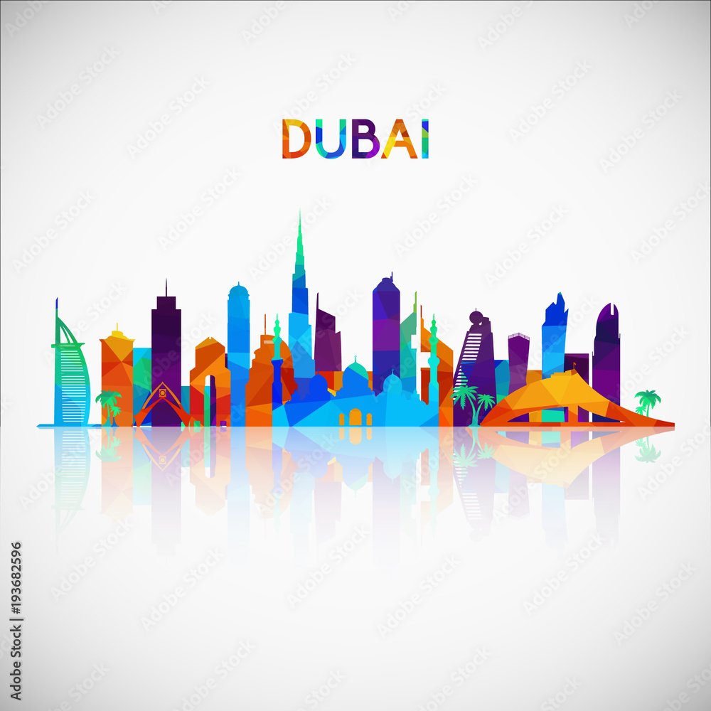 Dubai skyline silhouette in colorful geometric style. Symbol for your design. Vector illustration.