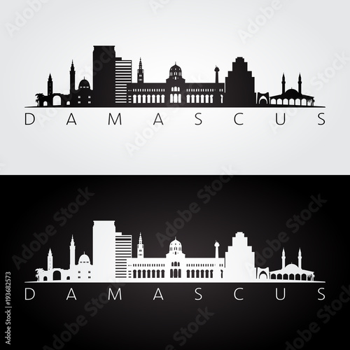 Damascus skyline and landmarks silhouette, black and white design, vector illustration.
