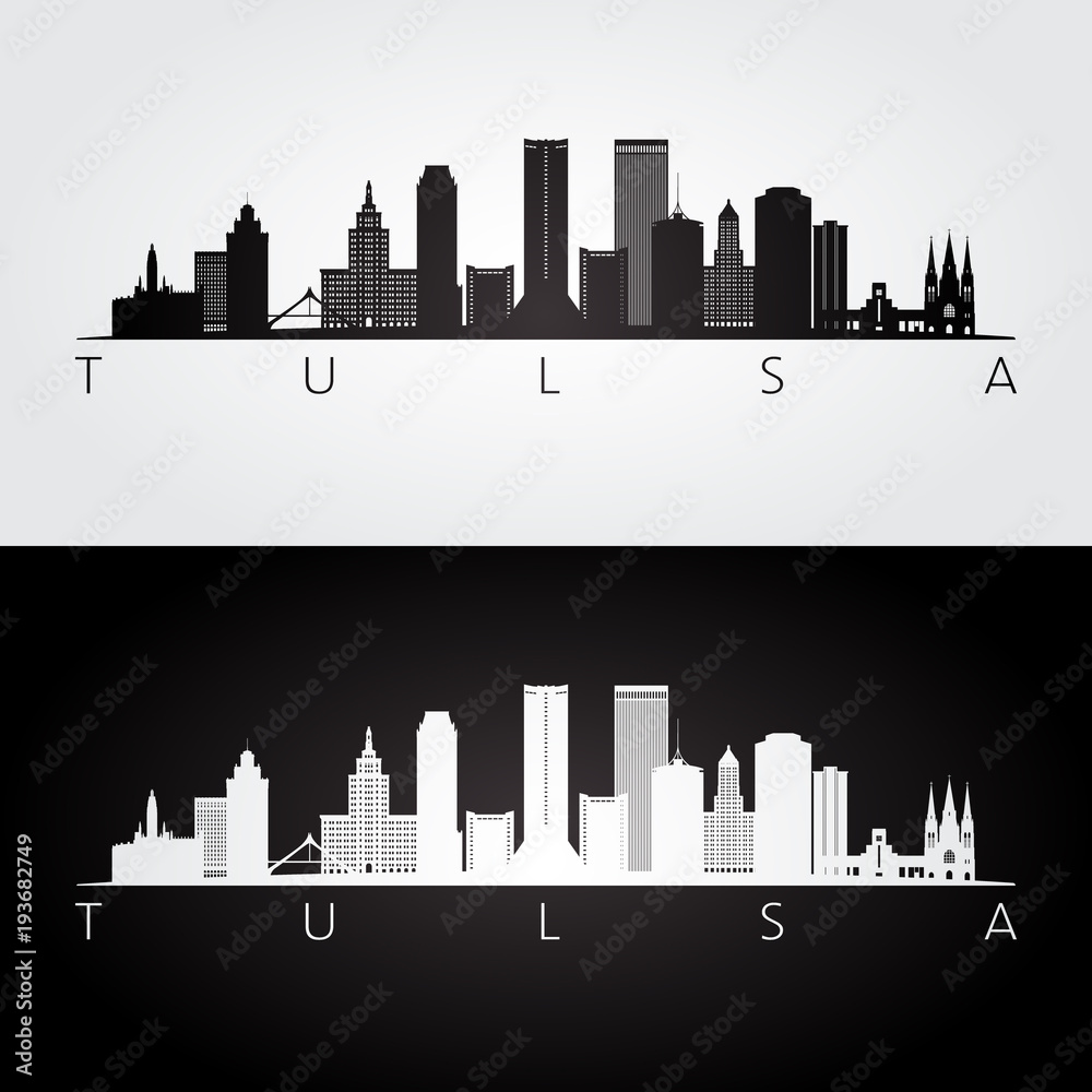 Tulsa usa skyline and landmarks silhouette, black and white design, vector illustration.