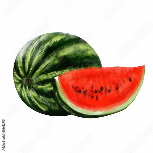 Round green watermelon with a red cut slice on a white background. Vector illustration.