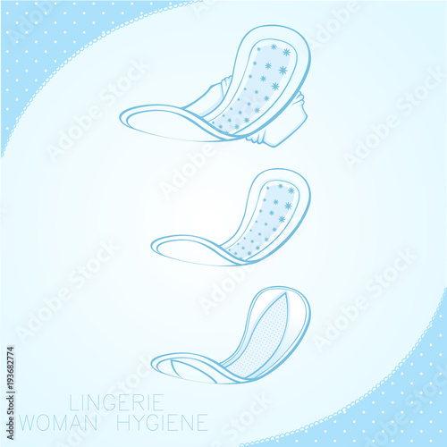 Woman hygiene pads set. Vector illustration of sanitary menstruation pads.