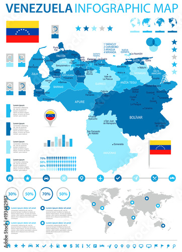 Obraz na plátne Venezuela - infographic map and flag - Detailed Vector Illustration