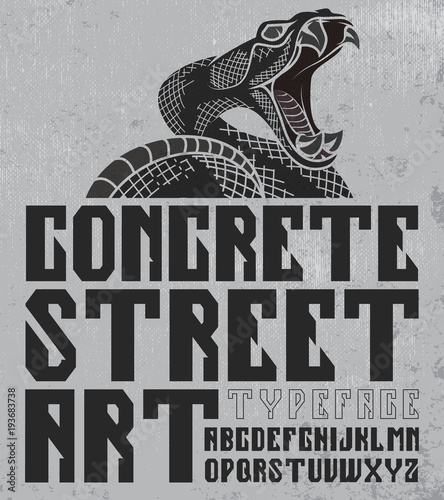 Concrete street art typeface poster. Vector, hand crafted font with snake head on grunge concrete background. Good for posters, labels, t-shirt prints.