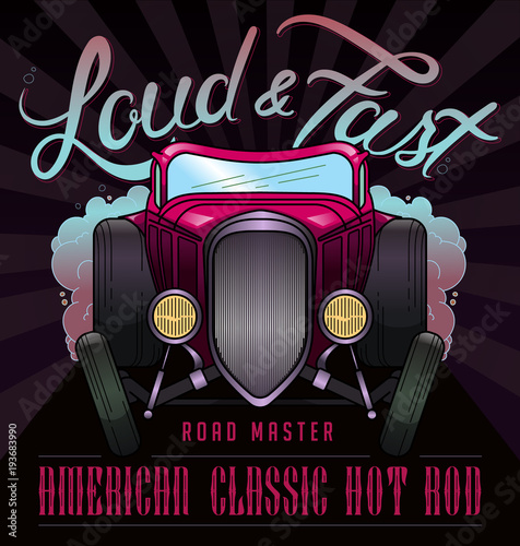 Retro hot rod illustration. Old school car in vector. T-shirt Graphics, Vintage typography.
