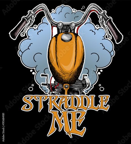 "Straddle me" awesome t-shirt print, poster. Hand drawn illustration of bike in clouds of smoke. 