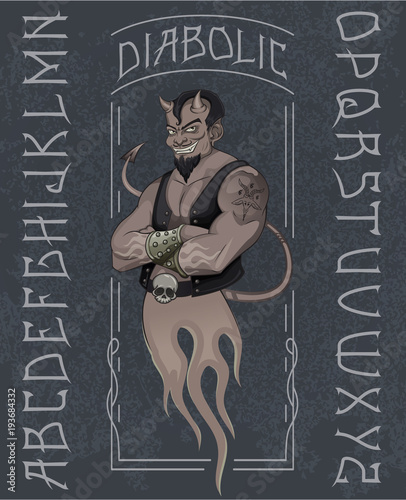 Diabolic vintage typeface. Hand made typeface with devil mascot in retro frame.