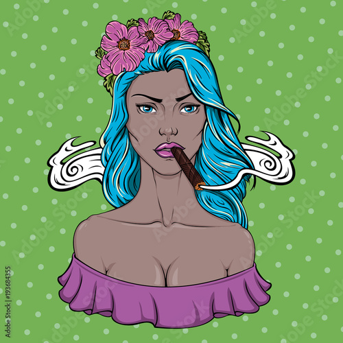 Pin up style girl in floral hairband smoking cigar. Doodle for t-shirt, sticker, logo, postcard and label design. 