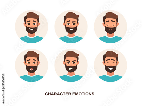 Cartoon Characters avatars emotion. Set of avatars with character emotions including surprise, happiness, anger, smirk, grin cartoon style vector illustration of isolated layers on a white background