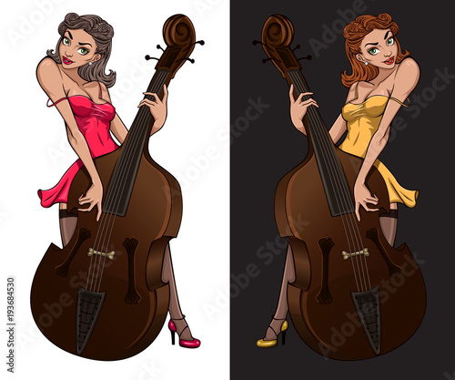 Cabaret girl mascot. Vintage poster of pinup girl playing on contrabass.  