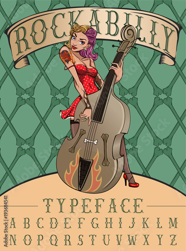 Rockabilly typeface poster. Vintage typeface with pinup rock girl playing on contrabass and crossbones background.   
