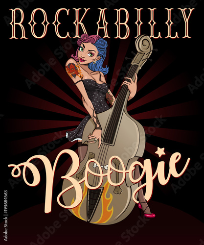 Rockabilly boogie poster. Vintage poster of pinup rock girl playing on contrabass.    photo