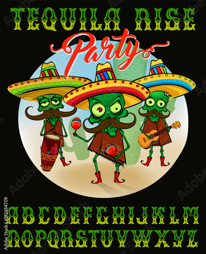 Tequila rise party. Awesome Mexican typeface poster with cute zombies musician. Good for party poster, stickers, t-shirt, invitation.  