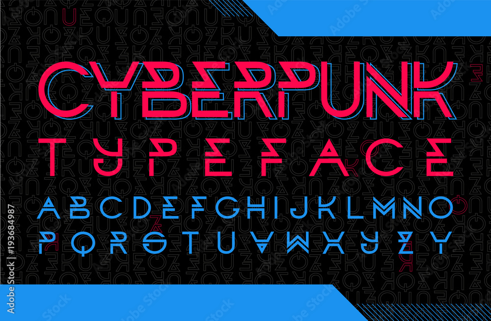 Cyberpunk typeface design. Modern style font with code background