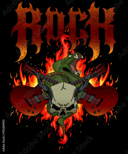 "Rock". Poster design with flames, crossed guitars, rattle snake and horned skull. Good for posters, t-shirt prints, stickers.