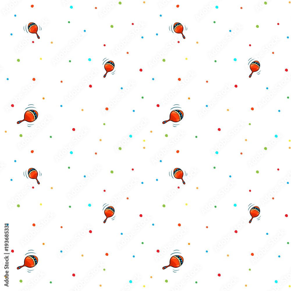 Vector seamless pattern with maracas and abstract dot elements on white background for gift cards, invitation, textile, wrapping paper design.