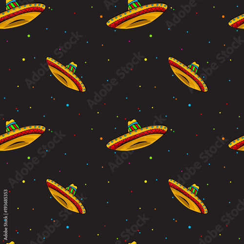 Vector seamless pattern with sombrero and abstract dot elements for gift cards, invitation, textile, wrapping paper design.