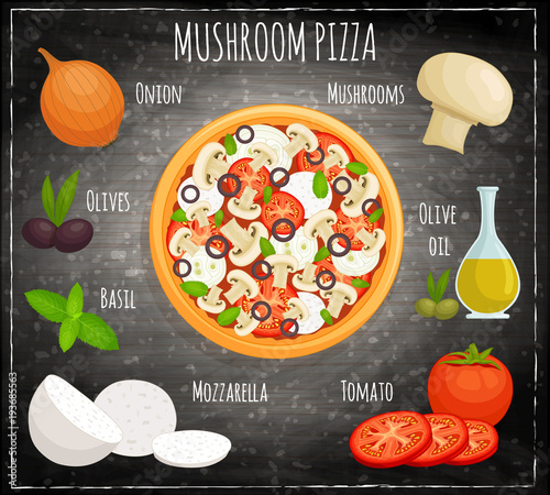 Mushroom pizza recipe with ingredients. Vector illustration.
