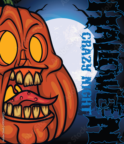 Halloween crazy night poster of pumpkin with crazy face and moon on background. Good for banners, stickers, posters, invitation and greeting cards. photo