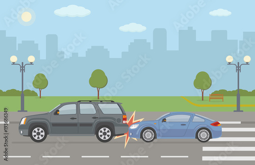 Auto accident involving two cars  on city background. Vector illustration.     
