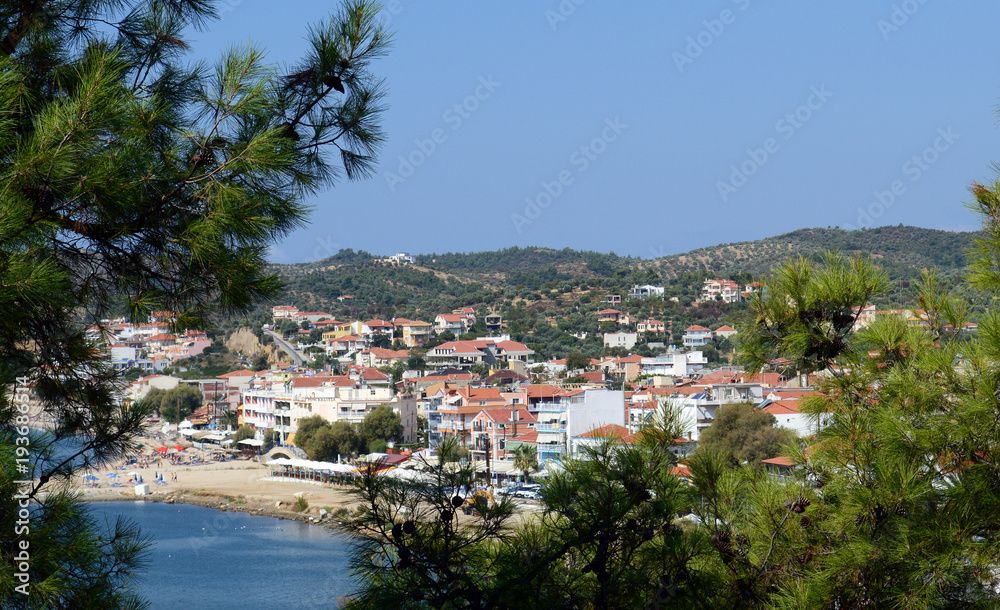 Beautiful panorama view of Limenaria town on Thassos island, Greece