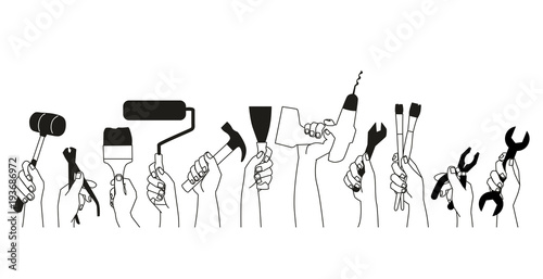 Craftsman Tools in hand.  Tradesman painter set. Vector illustration, clip art in outline. Isolated on white background. Black and white. 