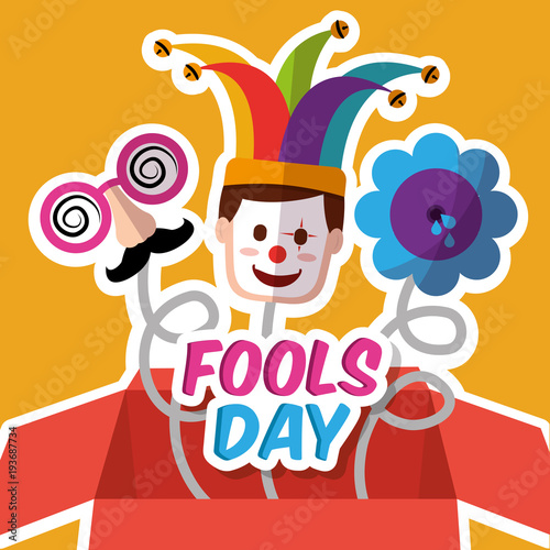 prank box with joker mask mustache and water flower vector illustration