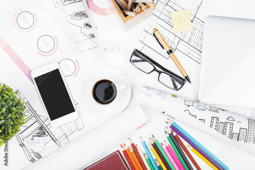 Modern office desk with smarphone