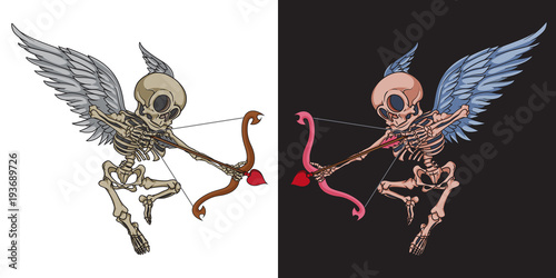 Skeleton cupid mascot with angel wings, bow and cupid arrow. Good for greeting carts, banners, stickers, t-shirts and posters.   photo