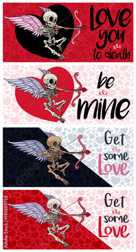 St. Valentine s day greeting cards set with cupid skeleton and hearts on background. Good for greeting carts  banners  stickers  t-shirts and posters.  