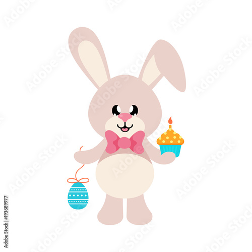 cartoon easter bunny with tie and easter egg and cake