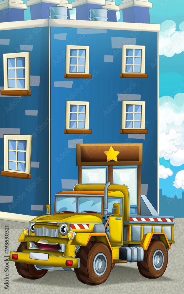 Naklejka premium cartoon construction site car on the street in the city - illustration for children