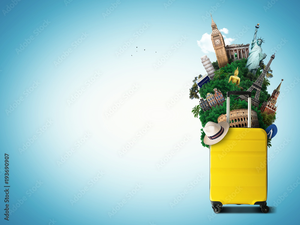 Yellow travel bag with world landmark, holiday and tourism - obrazy, fototapety, plakaty 