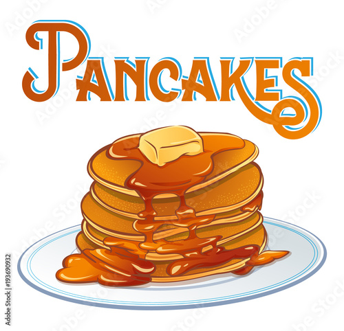 Pancakes. Vector illustration of pancakes portion on plate with butter slice and maple syrup.