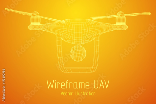 Remote control air drone. Dron flying with action video camera. Wireframe low poly mesh vector illustration