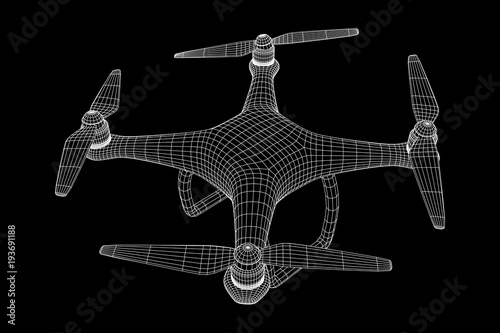 Remote control air drone. Dron flying with action video camera. Wireframe low poly mesh vector illustration