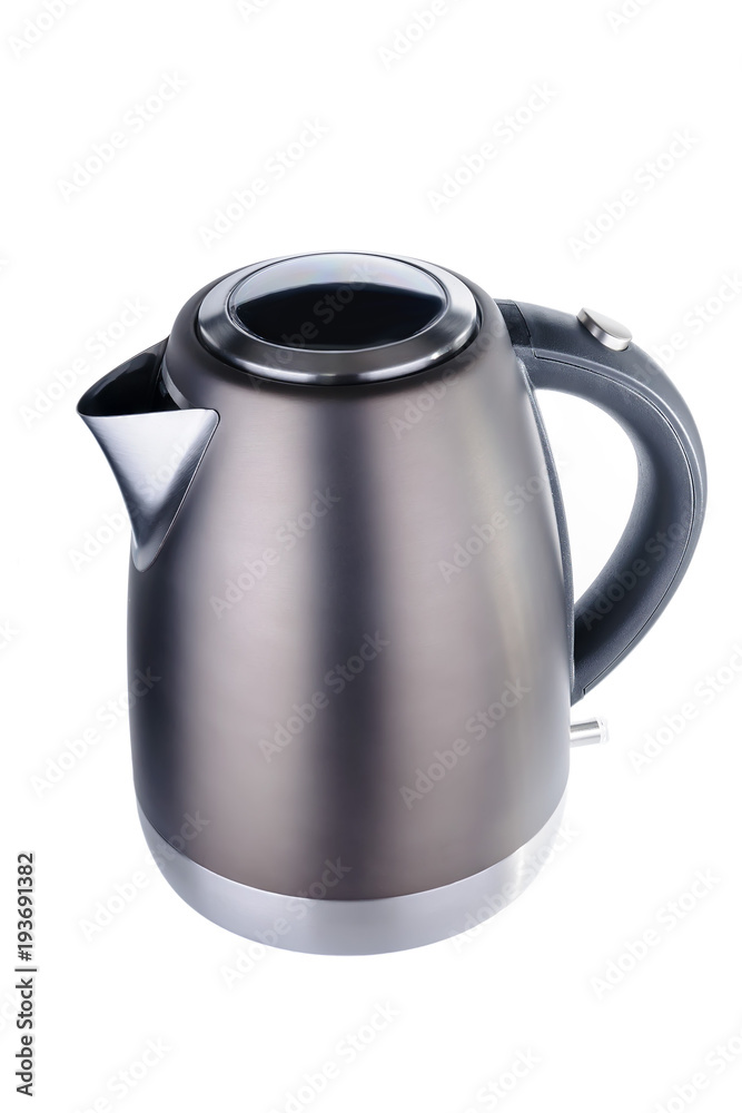 Grey matt painted stainless steel kettle on white background