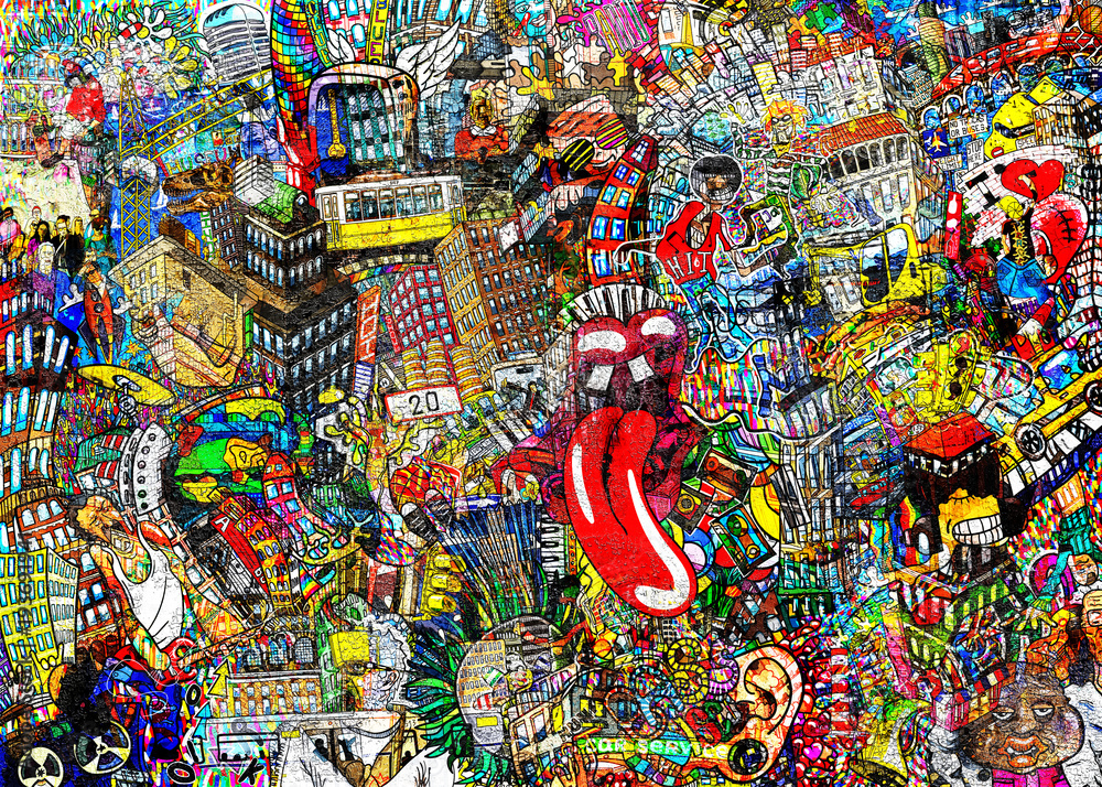 Graffiti, City, an illustration of a large collage, with houses, cars and people - obrazy, fototapety, plakaty 
