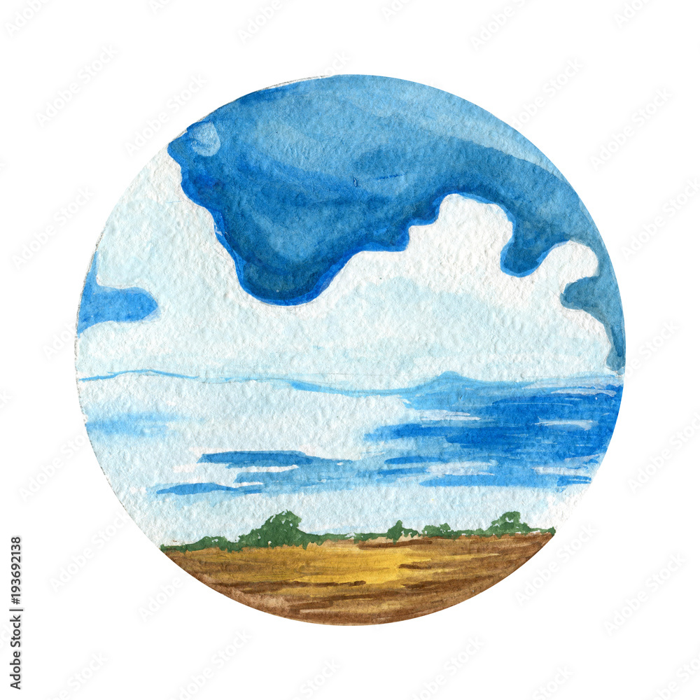 Fototapeta premium Watercolor landscape background. Beautiful cloudy landscapes