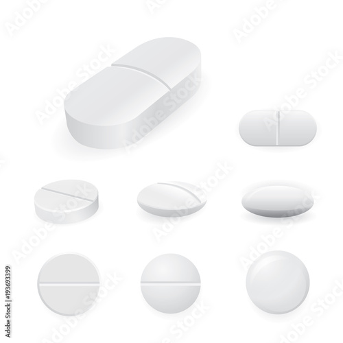 White medicine pills and tablets isolated on white background. Vector illustration of pharmaceutical